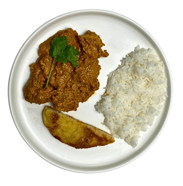 butter chicken with rice and naan