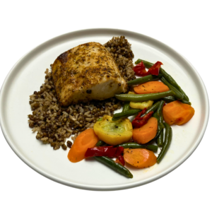 mahi over wild rice on plate