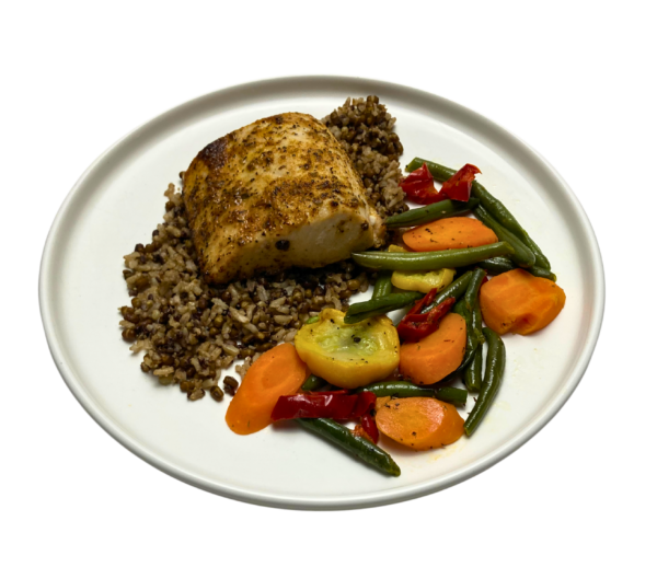 mahi over wild rice on plate