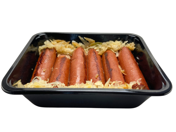 sausage and sauerkraut in a tray