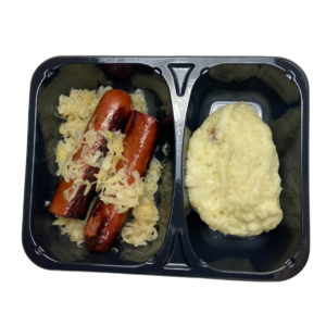 sausage and sauerkraut in tray