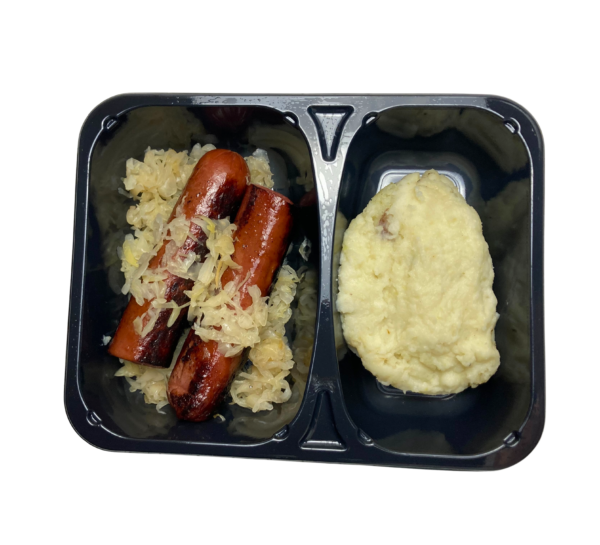 sausage and sauerkraut in tray